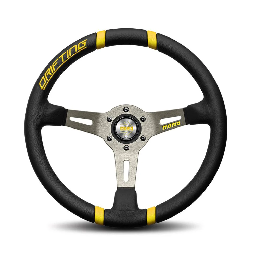 MOMO Drifting Steering Wheel, 350mm Leather, Black with Yellow Inserts