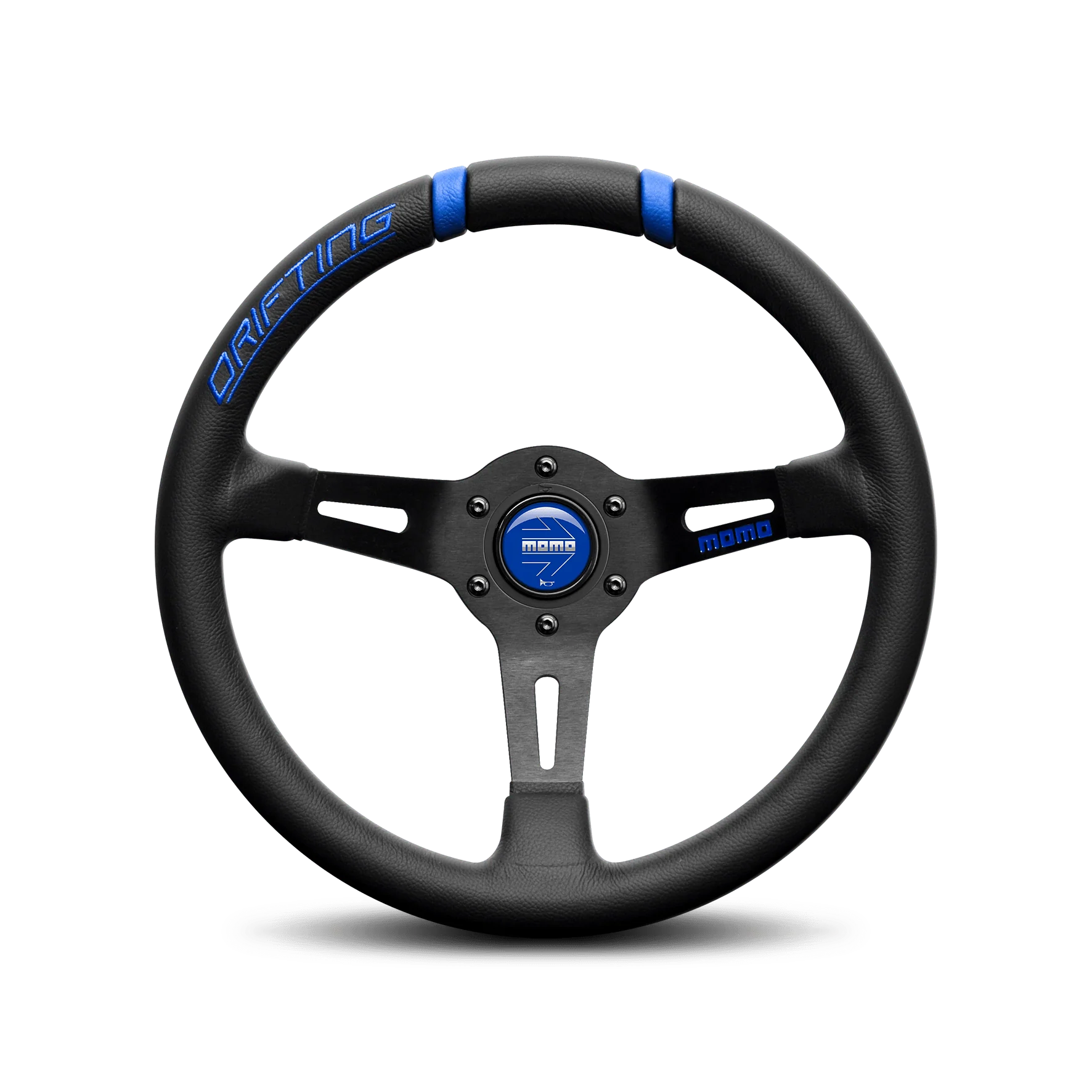 MOMO Drifting Steering Wheel - Black Leather with Blue Inserts - 330mm