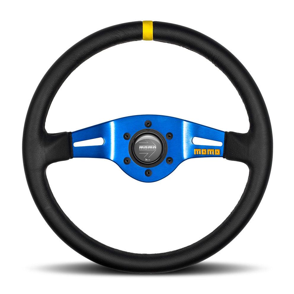 MOMO MOD.03 350mm Leather Steering Wheel with Blue Spokes