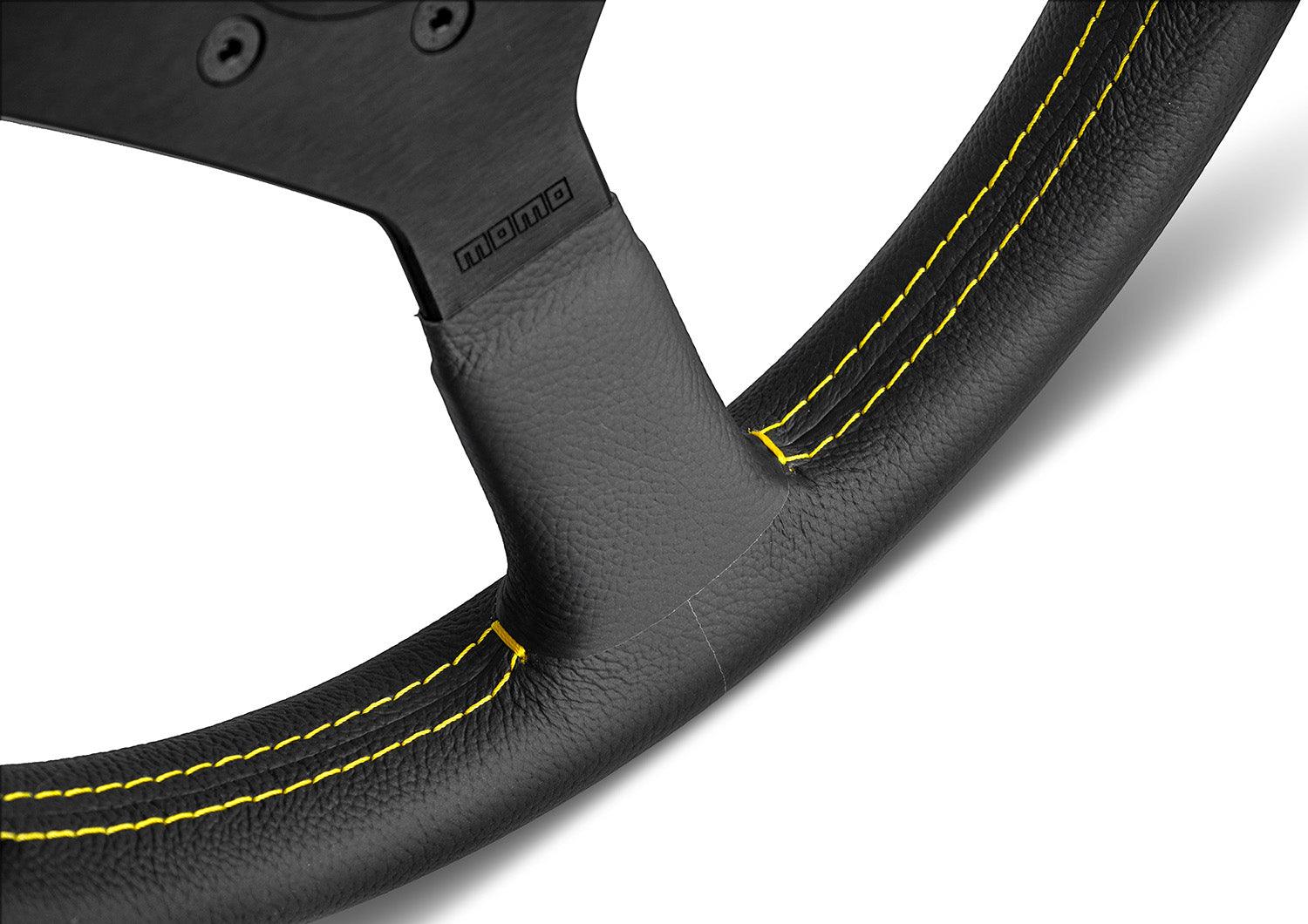 MOMO Montecarlo 350mm Leather Steering Wheel - Black with Yellow Stitch - Image 4