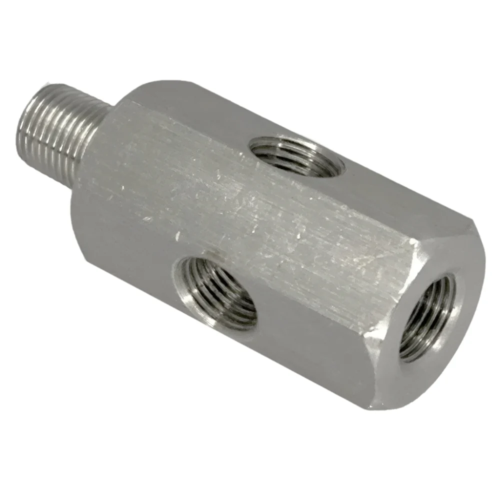Stainless Steel 1/8" BSPT male - 1/8" BSPT female - two x 1/8" BSPT female in the side