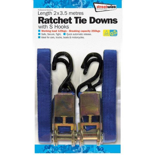 Heavy-Duty Ratchet Tie Down Straps with S Hooks (3.5m x 2 Pack) - TUV/GS Approved