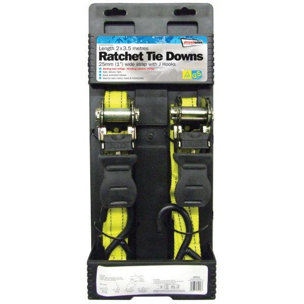 Heavy-Duty Ratchet Tie Downs (2 Pack) - 3.5m x 25mm - 122kg Capacity