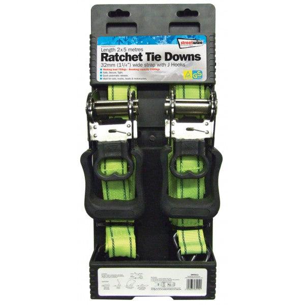 Ratchet Tie Down Straps 32mm x 5m (Pair) - Heavy Duty Lashing with TUV/GS Approval