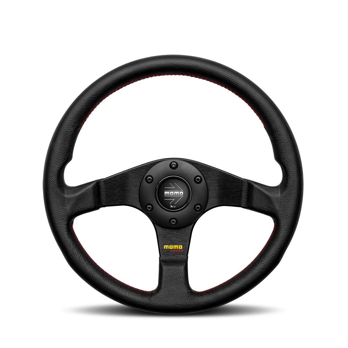 MOMO Tuner 320mm Leather Steering Wheel with Black Spokes & Red Stitching