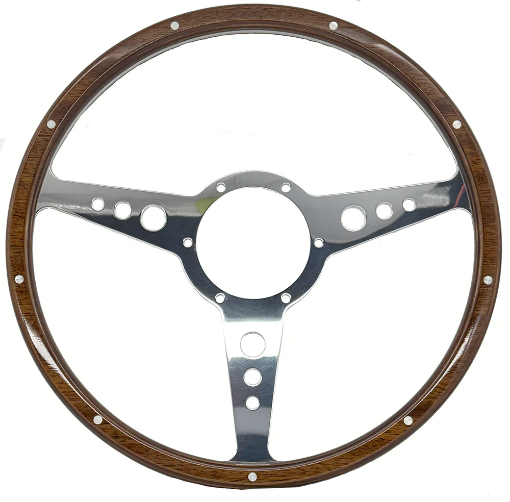 Wood Rim Steering Wheel. Flat aluminium pressing with holed spokes